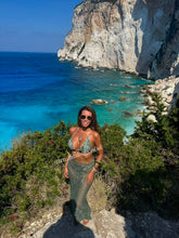 Load image into Gallery viewer, Khaki Lace Gold Detail Bikini & Skirt Set