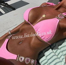 Load image into Gallery viewer, Candy Pink Heart Rhinestone Bikini & Headband Set (3 Piece Set)