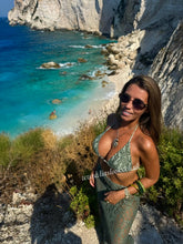 Load image into Gallery viewer, Khaki Lace Gold Detail Bikini & Skirt Set