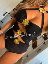 Load image into Gallery viewer, Black/Gold Swimsuit & Skirt Set (CLEARANCE)