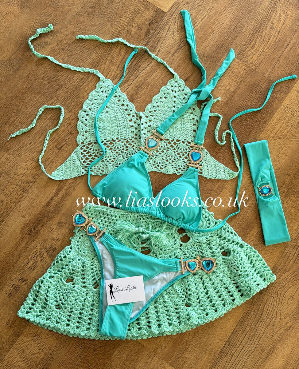 Mint Glow Jeweled Bikini Set – 3-Piece with Wrap Skirt main image 0