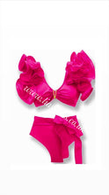 Load image into Gallery viewer, Hot Pink Frilly Ruffle High Waist Bikini