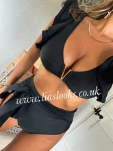 Load image into Gallery viewer, Black Frilly Ruffle High Waist Bikini
