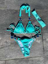 Load image into Gallery viewer, Minty Turquoise Heart Rhinestone Bikini & Headband Set (3 Piece Set)