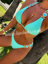 Load image into Gallery viewer, Minty Turquoise Heart Rhinestone Bikini & Headband Set (3 Piece Set)