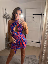 Load image into Gallery viewer, Blue/Red Swirl Ruched Dress (CLEARANCE)