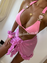 Load image into Gallery viewer, Candy Pink Heart Rhinestone Bikini & Headband Set (3 Piece Set)