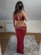 Load image into Gallery viewer, Red Print Bikini &amp; Skirt Set
