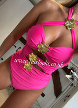 Load image into Gallery viewer, Neon Pink/Gold Swimsuit &amp; Skirt Set
