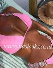 Load image into Gallery viewer, Bubblegum Pink Heart Rhinestone Bikini &amp; Headband Set (3 Piece Set)
