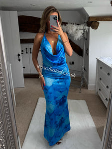 Blue Flower Print Maxi Dress