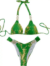 Load image into Gallery viewer, Green/Gold Snake Print Rhinestone Bikini
