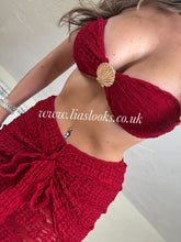 Load image into Gallery viewer, Burgundy Red Shell Detail Bikini &amp; Skirt Set
