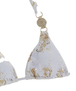 White/Gold Snake Print Rhinestone Bikini