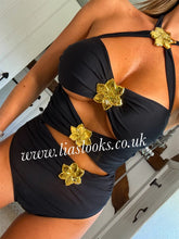 Load image into Gallery viewer, Black/Gold Swimsuit &amp; Skirt Set
