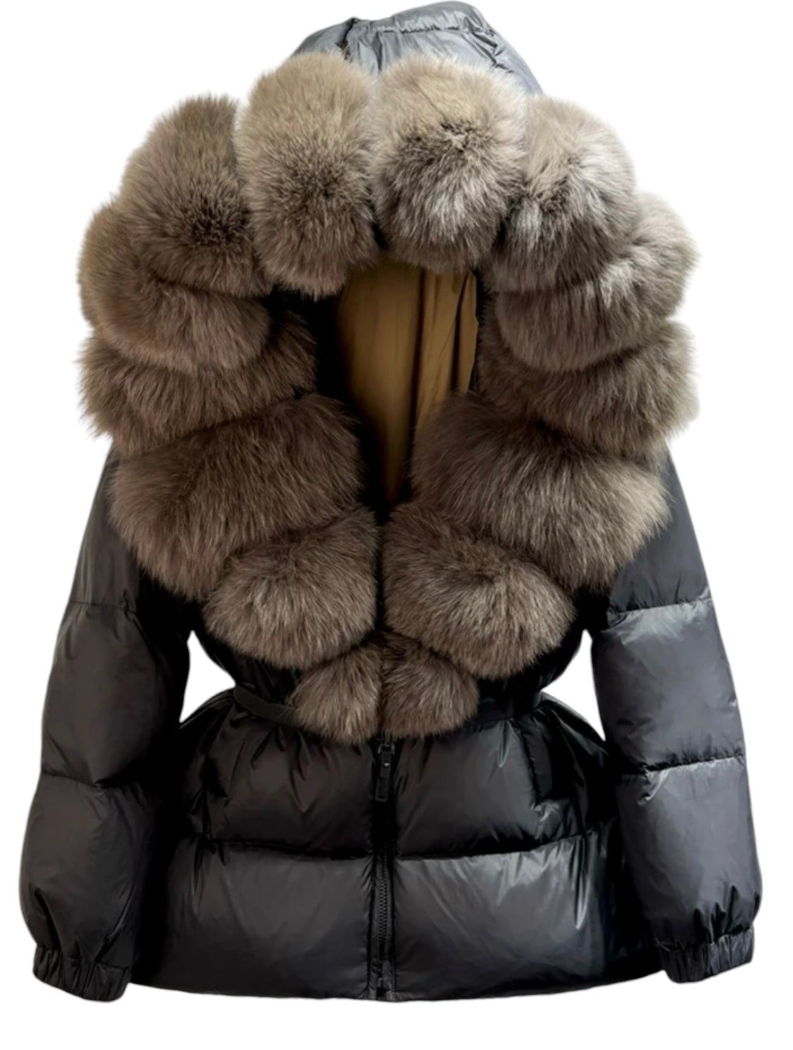 Fur Collar Grey Coat With Belt And Fur Hood Fur Collar Puffer Coat