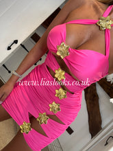 Load image into Gallery viewer, Neon Pink/Gold Swimsuit &amp; Skirt Set
