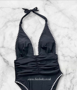 Black/Cream Ruched Swimsuit