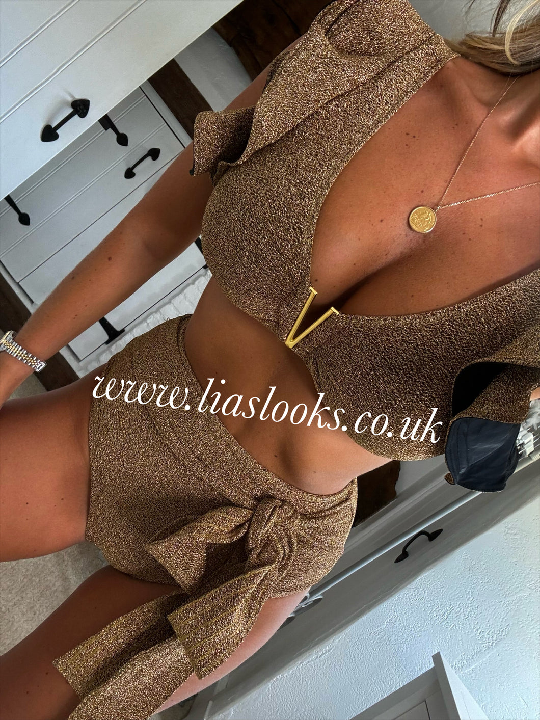 Gold Glizty Frilly Ruffle High Waist Bikini