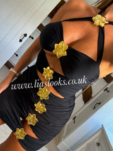 Load image into Gallery viewer, Black/Gold Swimsuit &amp; Skirt Set
