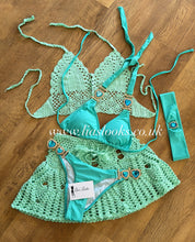Load image into Gallery viewer, Minty Turquoise Heart Rhinestone Bikini &amp; Headband Set (3 Piece Set)
