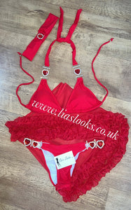 Ruby Red Heart Rhinestone Bikini & Headband Set (3 Piece Set)