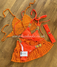 Load image into Gallery viewer, Orange Heart Rhinestone Bikini &amp; Headband Set (3 Piece Set)
