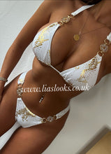 Load image into Gallery viewer, White/Gold Snake Print Rhinestone Bikini
