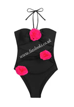 Load image into Gallery viewer, Black/Hot Pink Rose Swimsuit
