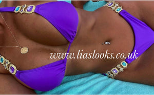 Purple Rhinestone Gold Chain Bikini