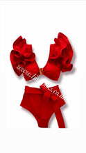 Load image into Gallery viewer, Red Frilly Ruffle High Waist Bikini
