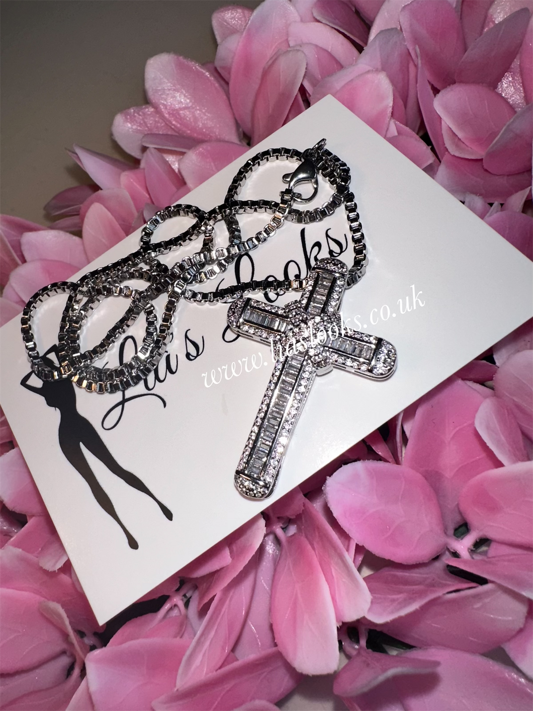 Chunky Silver Bling Medium/Large Cross Necklace (Box Chain)