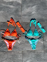 Load image into Gallery viewer, Orange Heart Rhinestone Bikini &amp; Headband Set (3 Piece Set)

