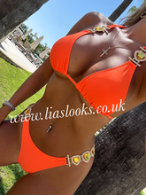 Load image into Gallery viewer, Orange Heart Rhinestone Bikini &amp; Headband Set (3 Piece Set)

