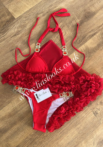 Red Rhinestone Gold Chain Bikini