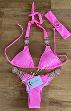 Load image into Gallery viewer, Bubblegum Pink Heart Rhinestone Bikini &amp; Headband Set (3 Piece Set)
