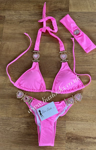 Bubblegum Pink Heart Rhinestone Bikini & Headband Set (3 Piece Set)