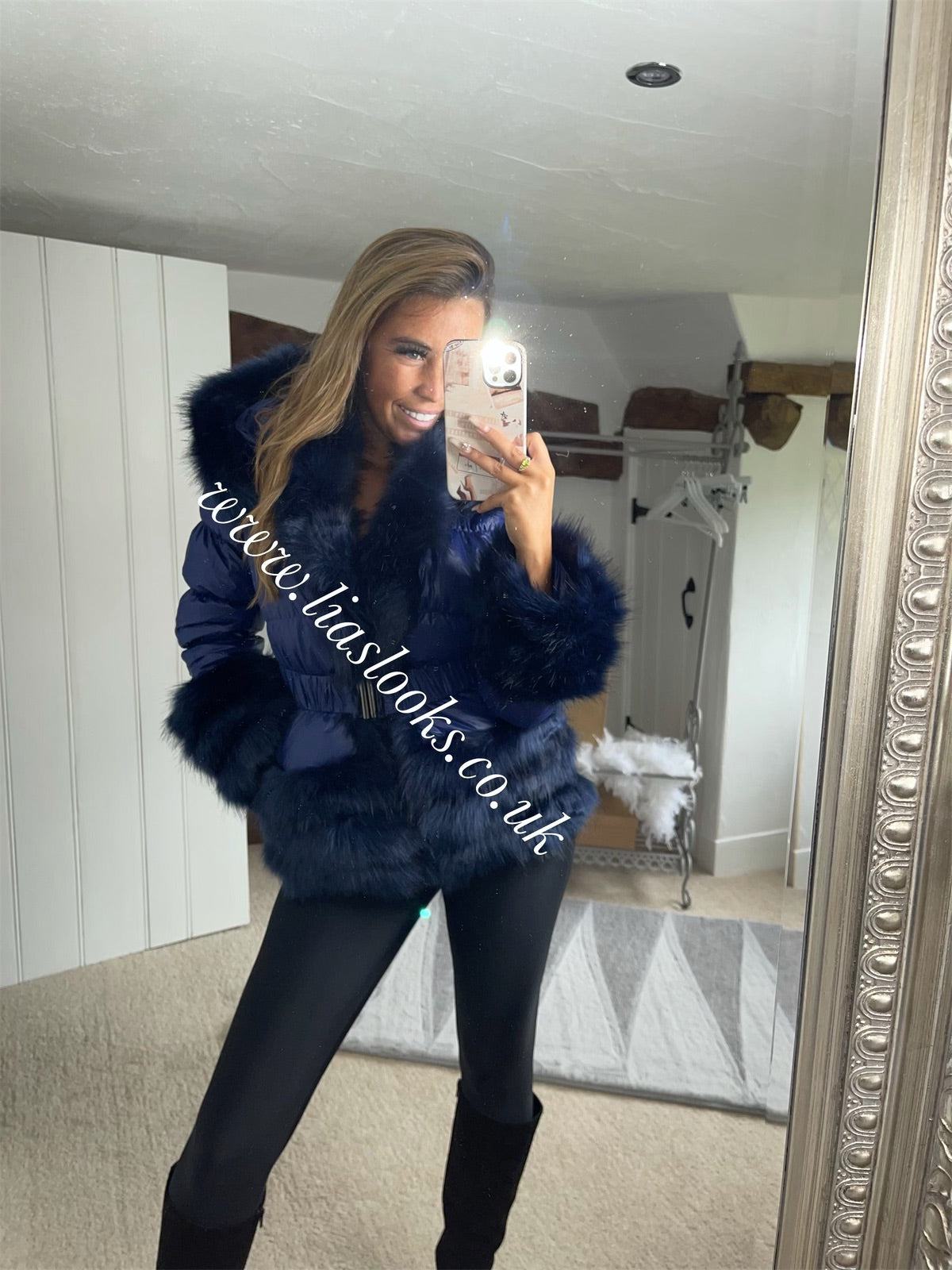 Midnight blue faux fur coat sales