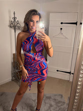 Load image into Gallery viewer, Blue/Red Swirl Ruched Dress (CLEARANCE)
