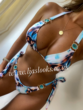 Load image into Gallery viewer, Aqua Blue Printed Rhinestone Bikini
