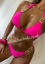 Load image into Gallery viewer, Hot Pink Rhinestone Gold Chain Bikini
