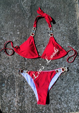 Load image into Gallery viewer, Red Rhinestone Gold Chain Bikini
