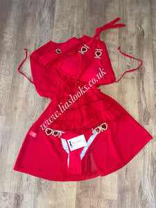 Ruby Red Heart Rhinestone Bikini & Headband Set (3 Piece Set)