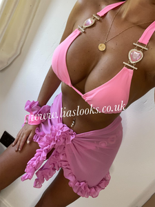 Bubblegum Pink Heart Rhinestone Bikini & Headband Set (3 Piece Set)