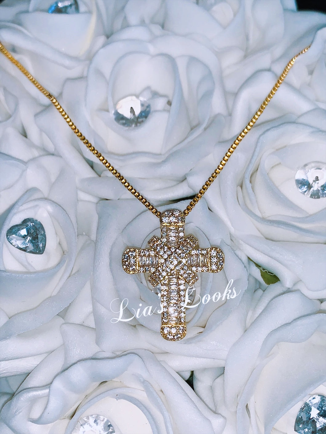 Chunky Gold Bling Small Cross Necklace (Box Chain)