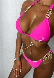 Hot Pink Rhinestone Gold Chain Bikini