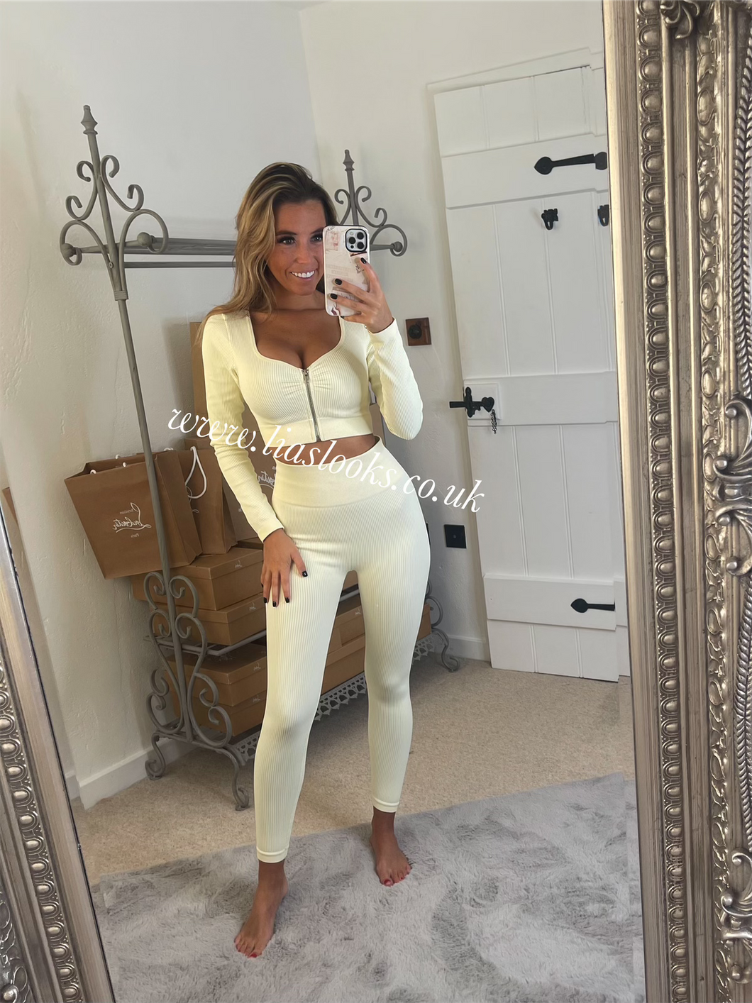 Cream Sweetheart Neck Ribbed Zip Lounge Set (PREMIUM COLLECTION)
